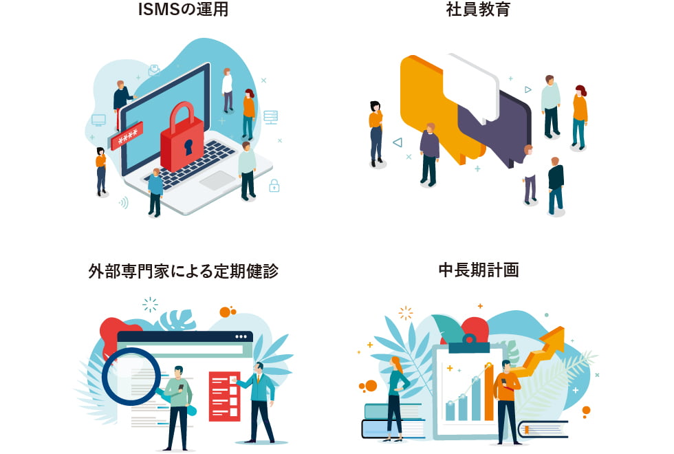 ISMSの運用・社員教育・外部専門家による定期診断・中長期計画